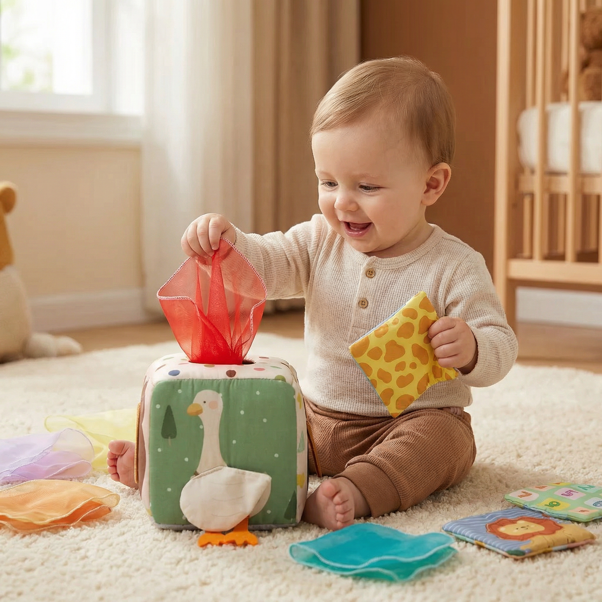 Baby Sensory Tissue Box with Crinkle Fabric Pieces and Multiple Colors