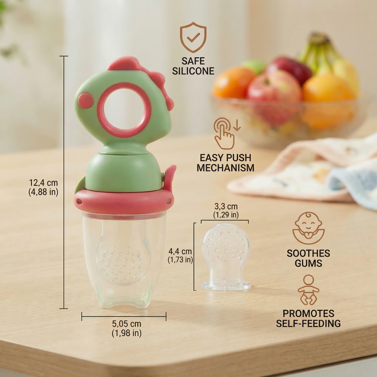 Silicone Fruit Feeder with Press Plunger and Teething Relief for Babies