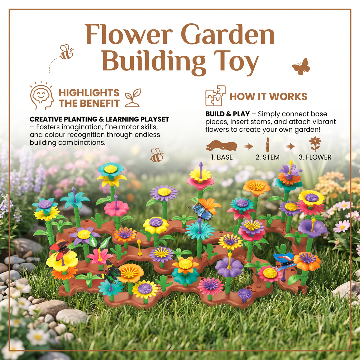 Colorful Flower Pegging Game with Stackable Pegs and Base Board for Kids
