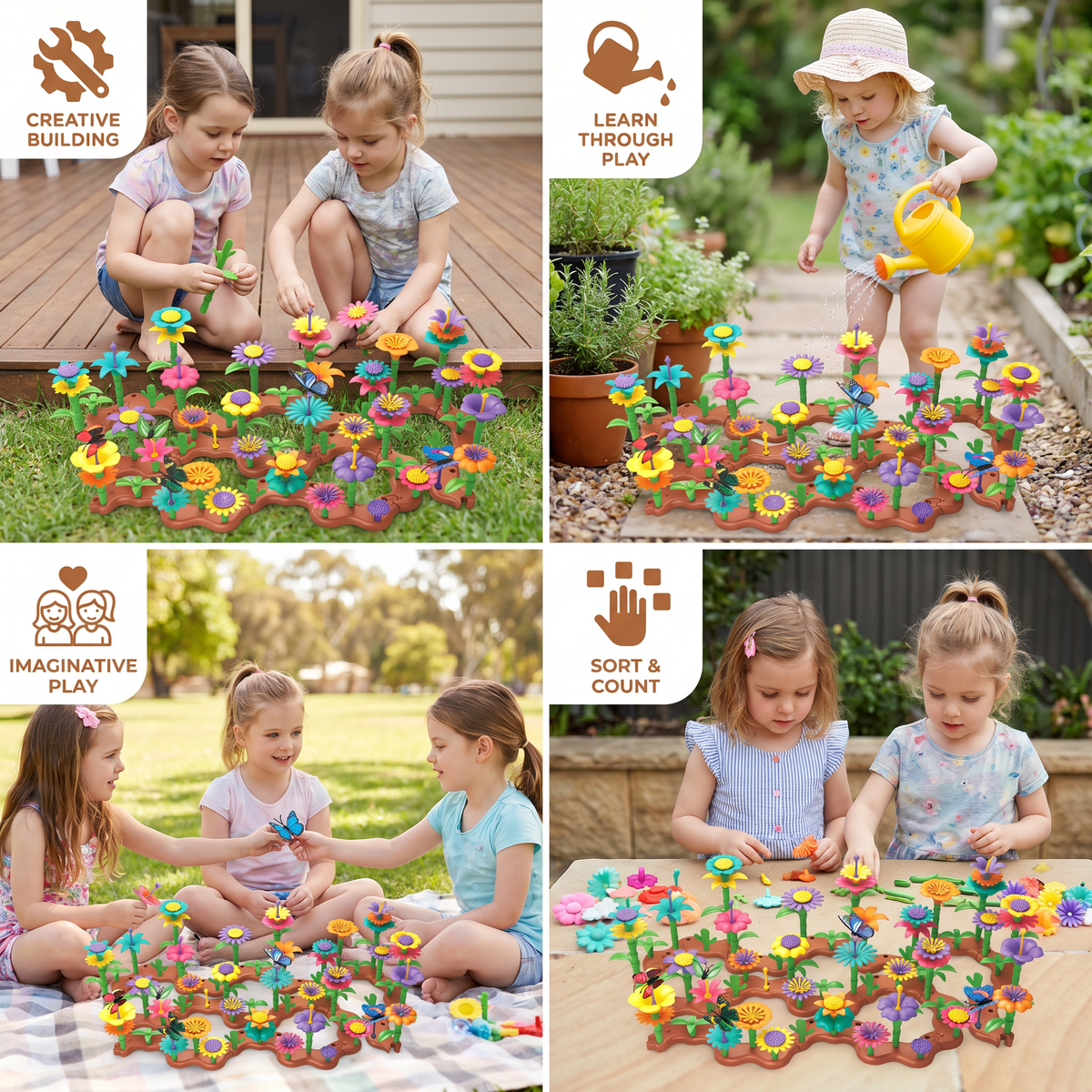 Colorful Flower Pegging Game with Stackable Pegs and Base Board for Kids