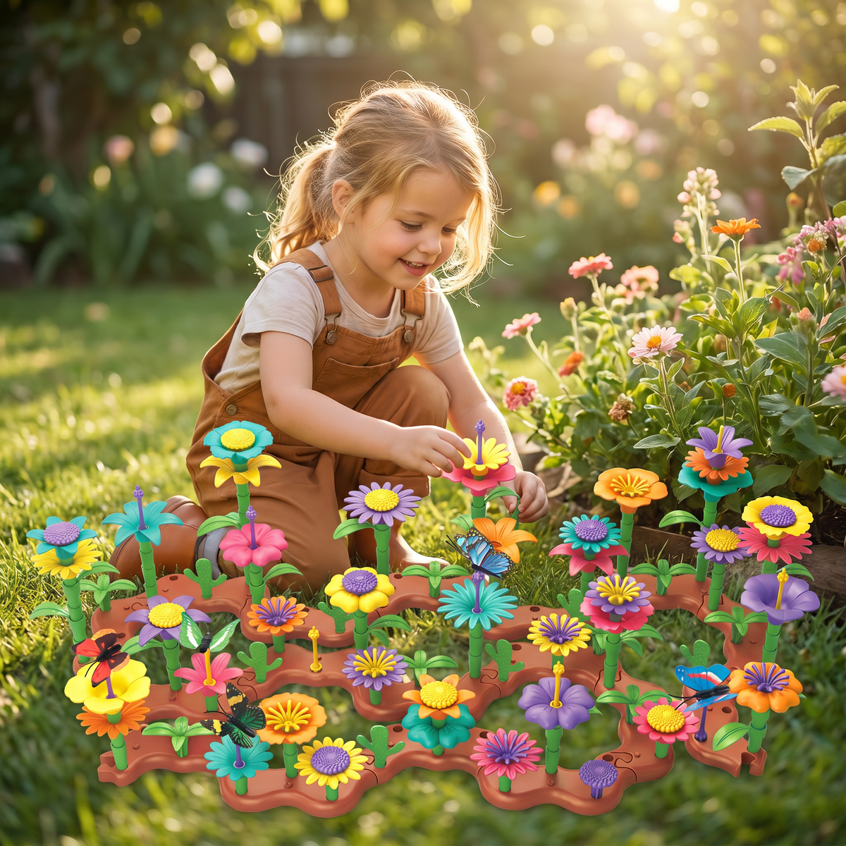 Colorful Flower Pegging Game with Stackable Pegs and Base Board for Kids