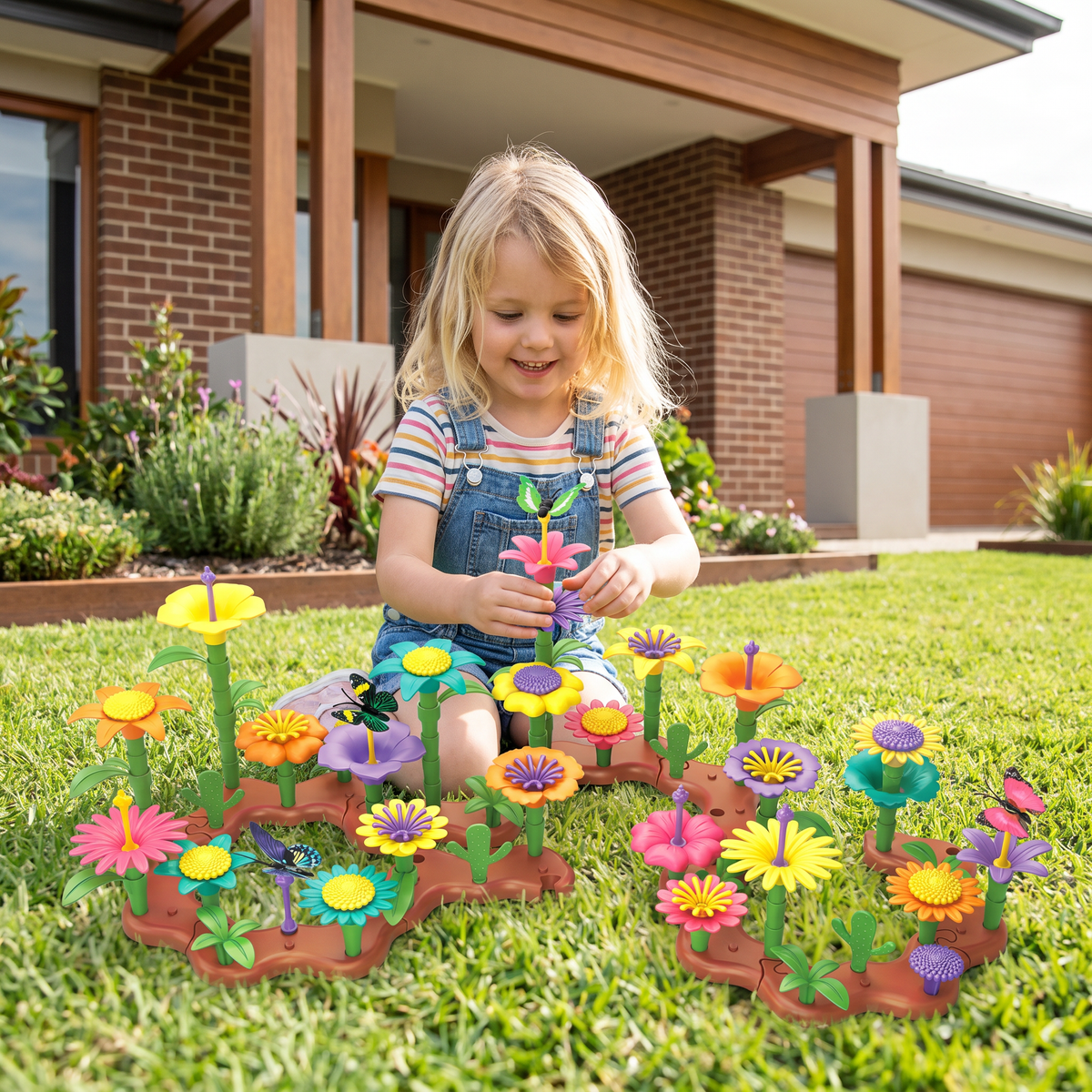 Colorful Flower Pegging Game with Stackable Pegs and Base Board for Kids