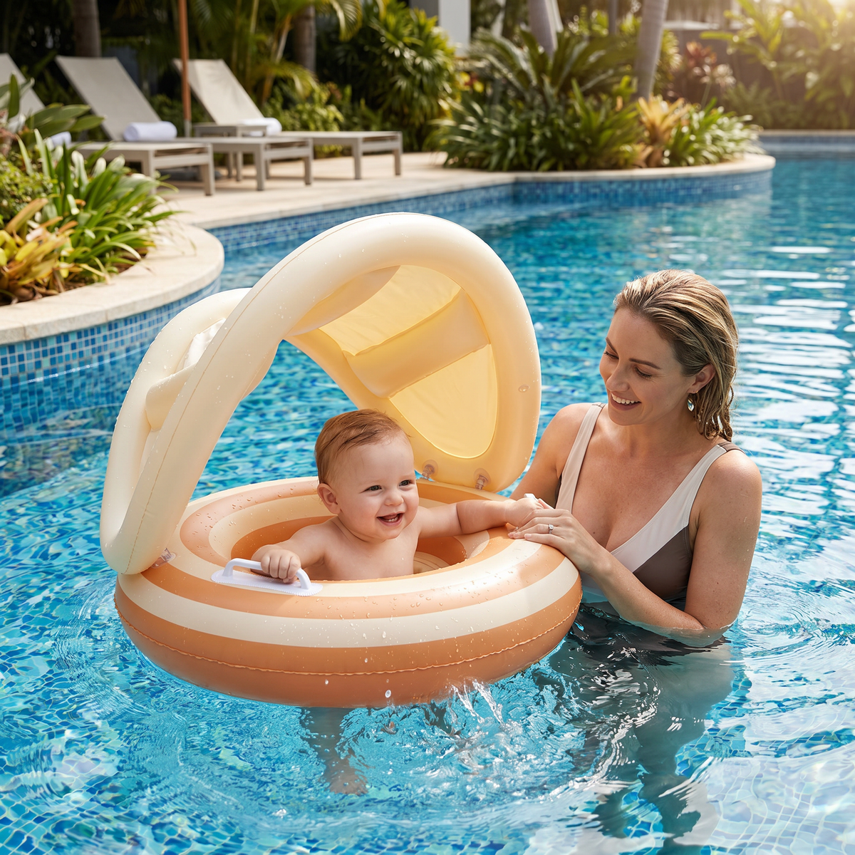 Inflatable Baby Swim Ring with Removable Sun Canopy and Integrated Seat, 6-36 Months
