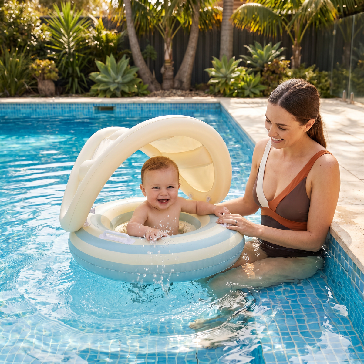 Inflatable Baby Swim Ring with Removable Sun Canopy and Integrated Seat, 6-36 Months