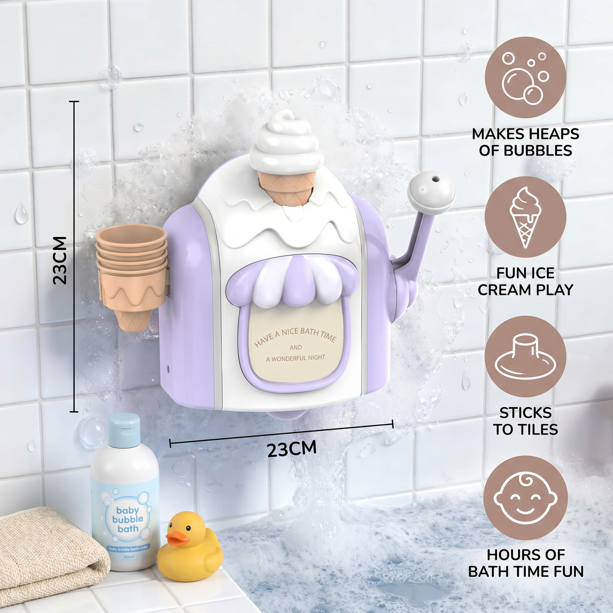 Ice Cream Scoop Bubble Maker Bath Toy with Suction Cup Base