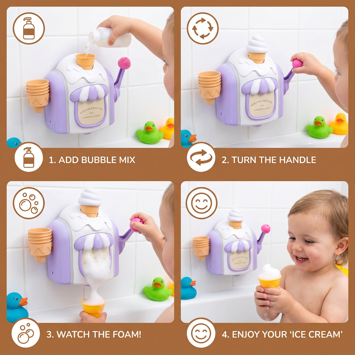 Ice Cream Scoop Bubble Maker Bath Toy with Suction Cup Base