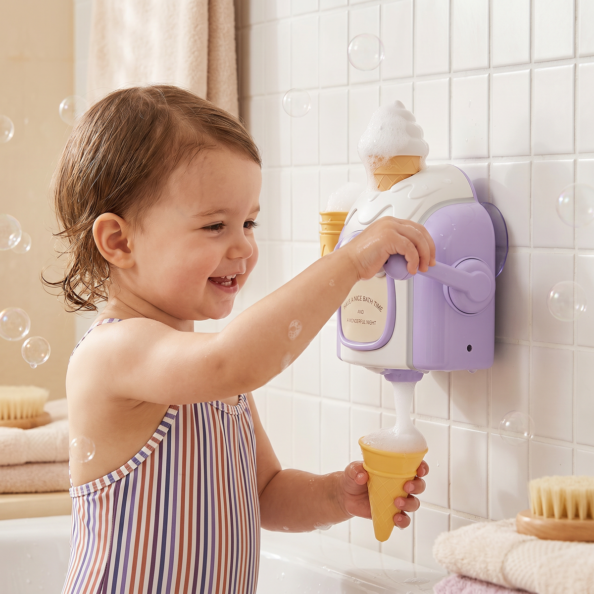 Ice Cream Scoop Bubble Maker Bath Toy with Suction Cup Base