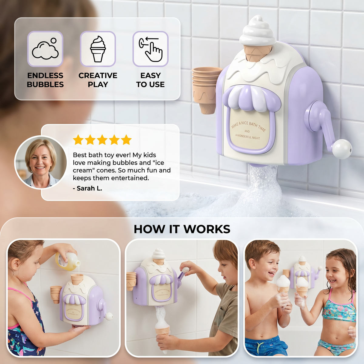 Ice Cream Scoop Bubble Maker Bath Toy with Suction Cup Base