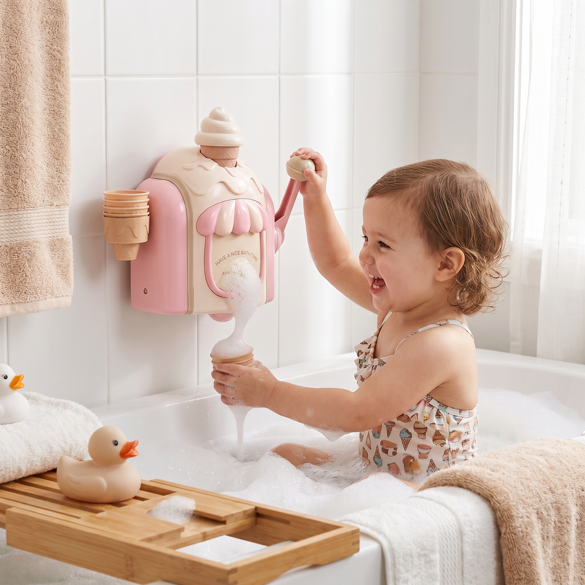 Ice Cream Scoop Bubble Maker Bath Toy with Suction Cup Base