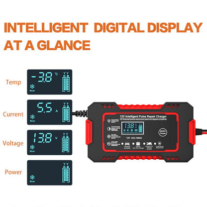 12V 6A Pulse Repair Charger with LCD Display and Multi-Battery Compatibility