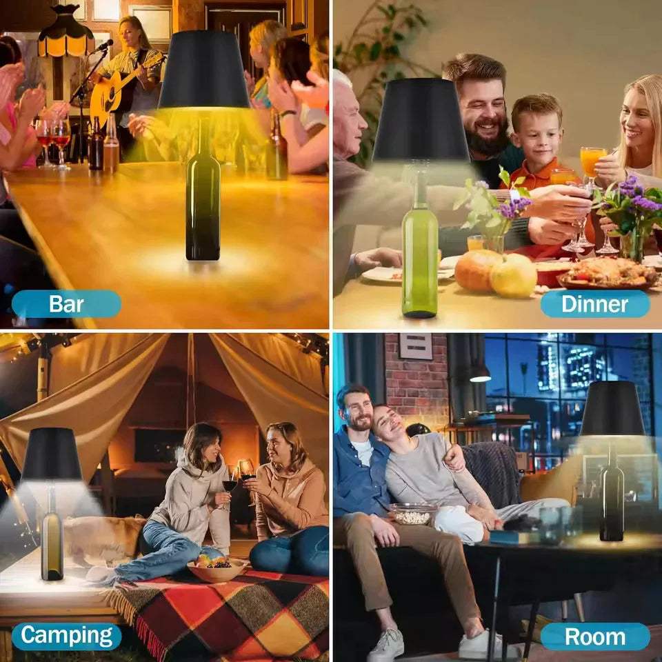 Collage of a LED Bottle Table Lamp  with different settings including bar, dinner, camping, and room.
