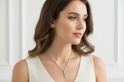 Cross Pendant Necklace with Stainless Steel Link Chain and Hook Closure, 24 Inch Silver