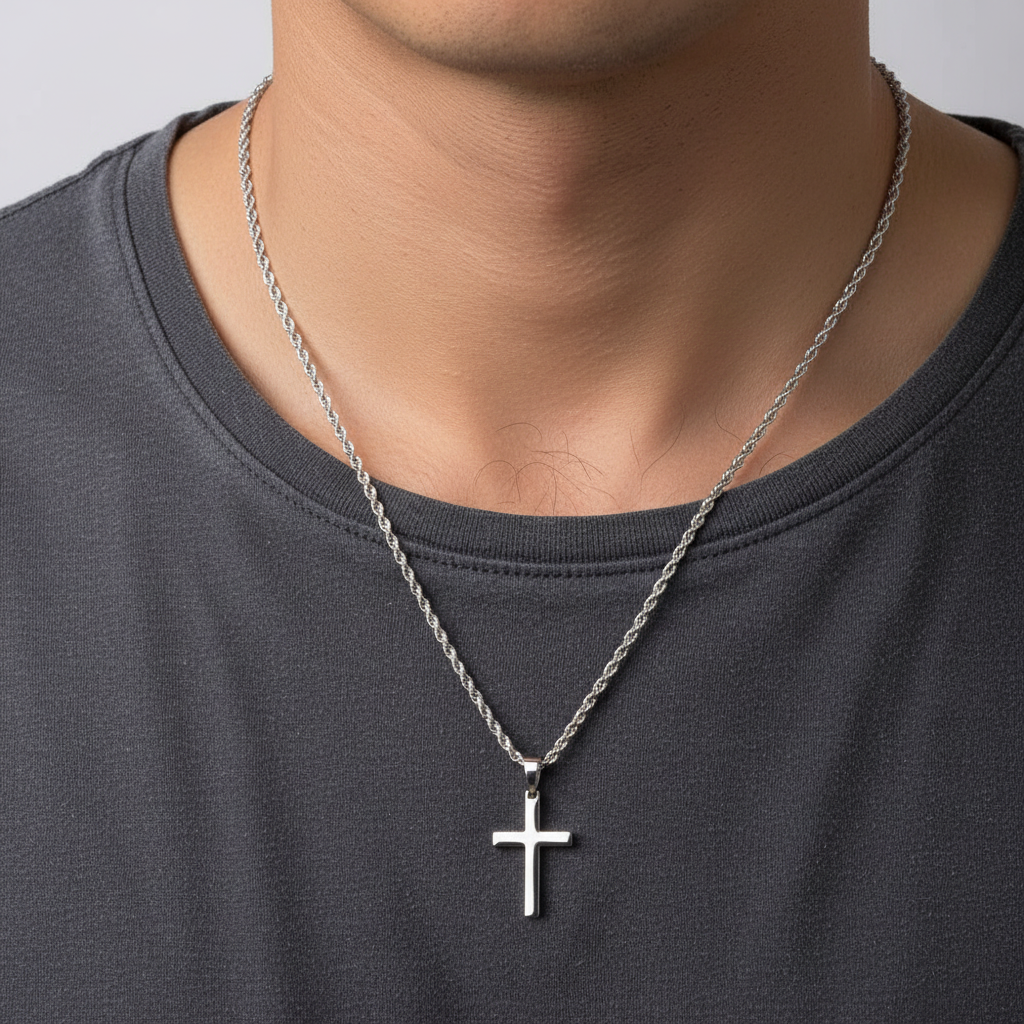 Cross Pendant Necklace with Stainless Steel Link Chain and Hook Closure, 24 Inch Silver