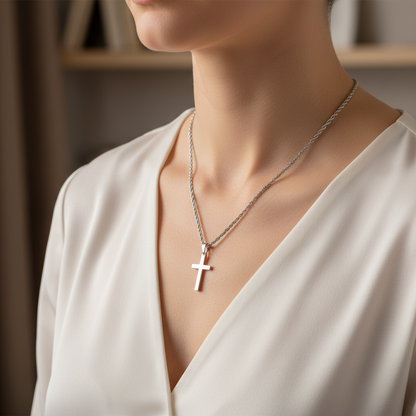 Cross Pendant Necklace with Stainless Steel Link Chain and Hook Closure, 24 Inch Silver