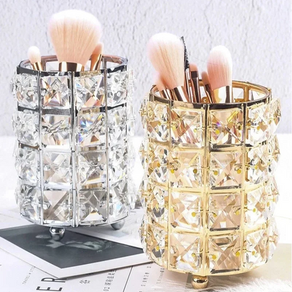 Crystal Bead Makeup Brush Organizer with Stainless Steel Frame, Gold or Silver