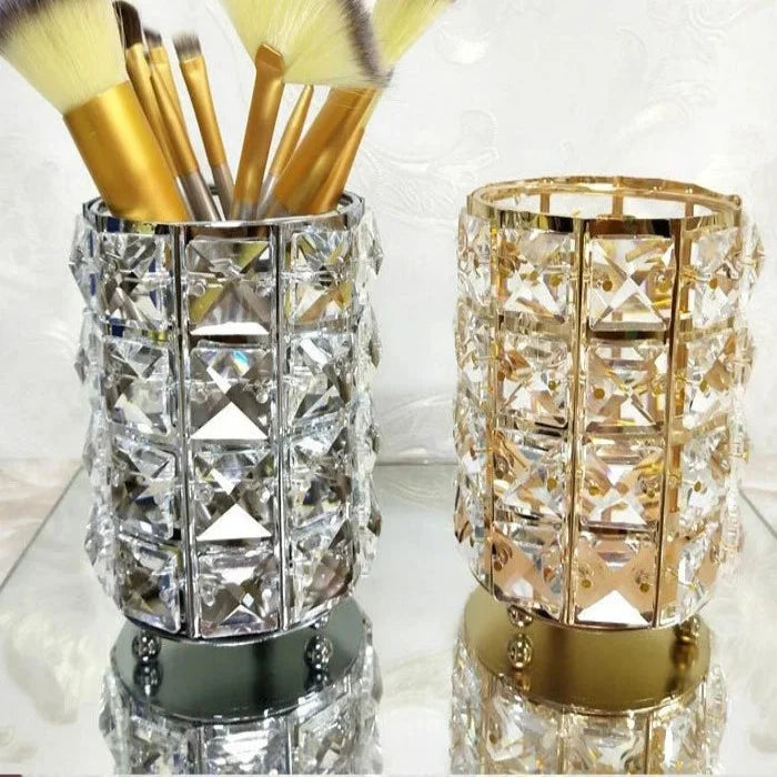 Crystal Bead Makeup Brush Organizer with Stainless Steel Frame, Gold or Silver