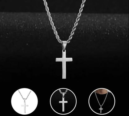 Cross Pendant Necklace with Stainless Steel Link Chain and Hook Closure, 24 Inch Silver