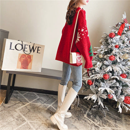 Women's Color Block Pullover with Snowflake Knit and Crew Neck, Red White Blue