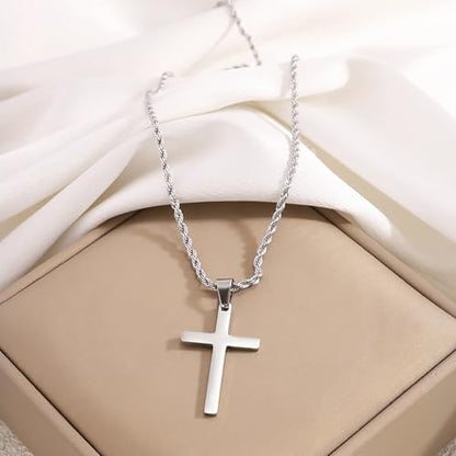 Cross Pendant Necklace with Stainless Steel Link Chain and Hook Closure, 24 Inch Silver