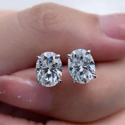 Moissanite Oval Stud Earrings with D Color VVS1 Stones and Sterling Silver Setting, 0.5-5ct
