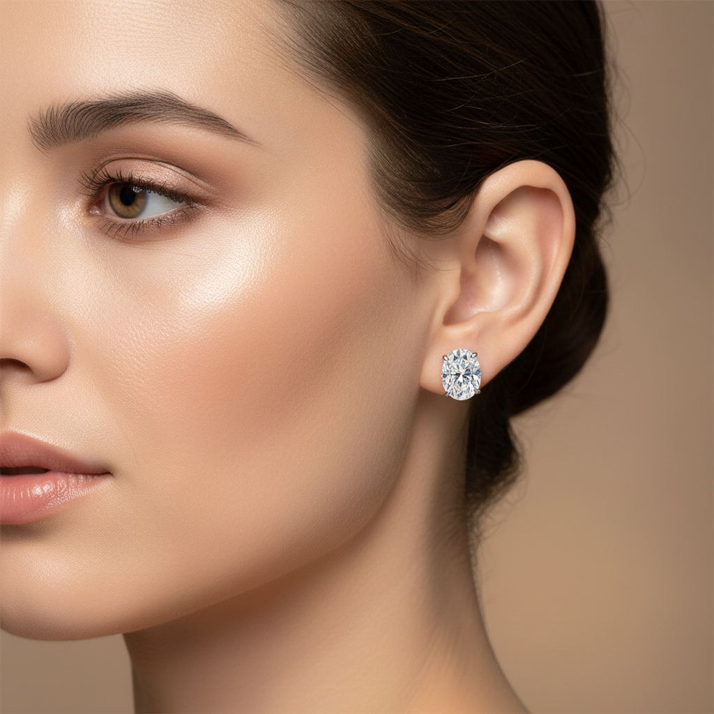 Moissanite Oval Stud Earrings with D Color VVS1 Stones and Sterling Silver Setting, 0.5-5ct