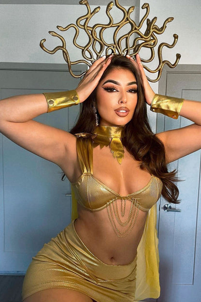 Womens Gold Snake Goddess Costume Set with Draped Bra and Mini Skirt