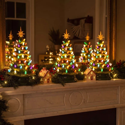 Tabletop Christmas Tree Light with Golden Star Topper Sculpted Evergreen Look and Warm Glow