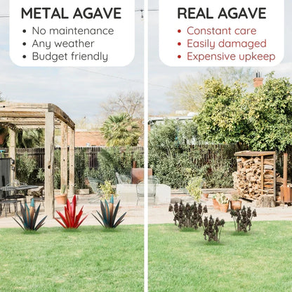 Metal Agave Plant Sculpture with Rust Finish and Metallic Highlights for Outdoor Decor