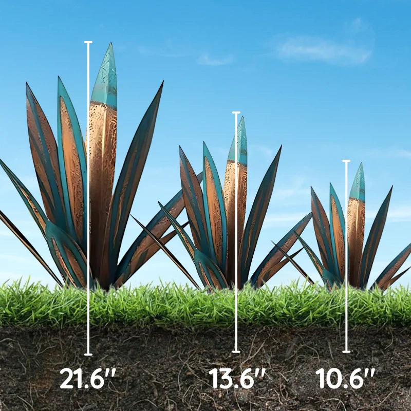 Metal Agave Plant Sculpture with Rust Finish and Metallic Highlights for Outdoor Decor