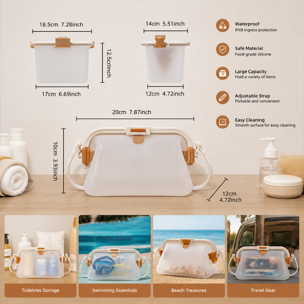 Silicone Storage Bag with Adjustable Shoulder Strap and Sealed Opening for Beach