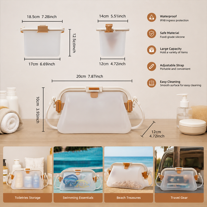 Silicone Storage Bag with Adjustable Shoulder Strap and Sealed Opening for Beach