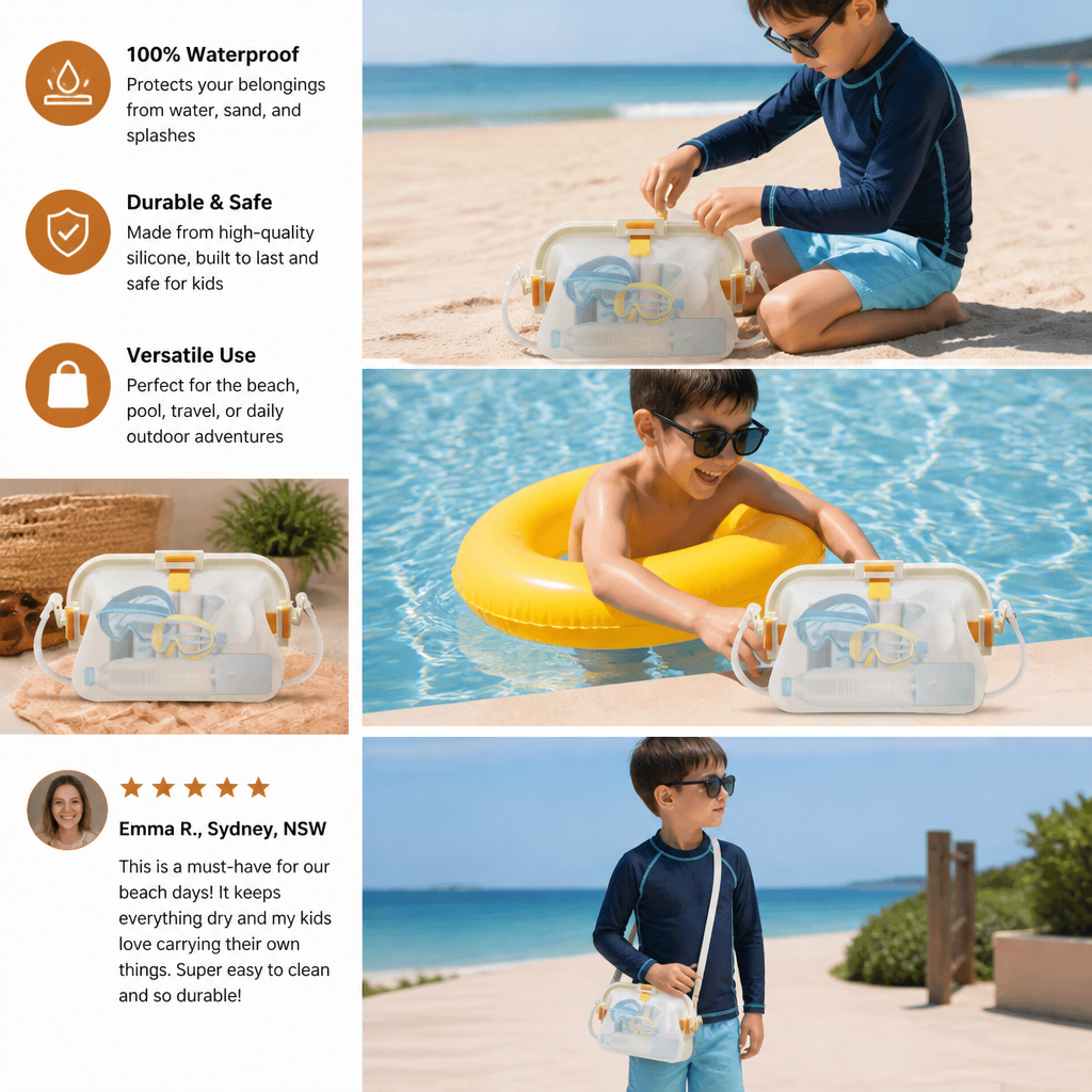 Silicone Storage Bag with Adjustable Shoulder Strap and Sealed Opening for Beach