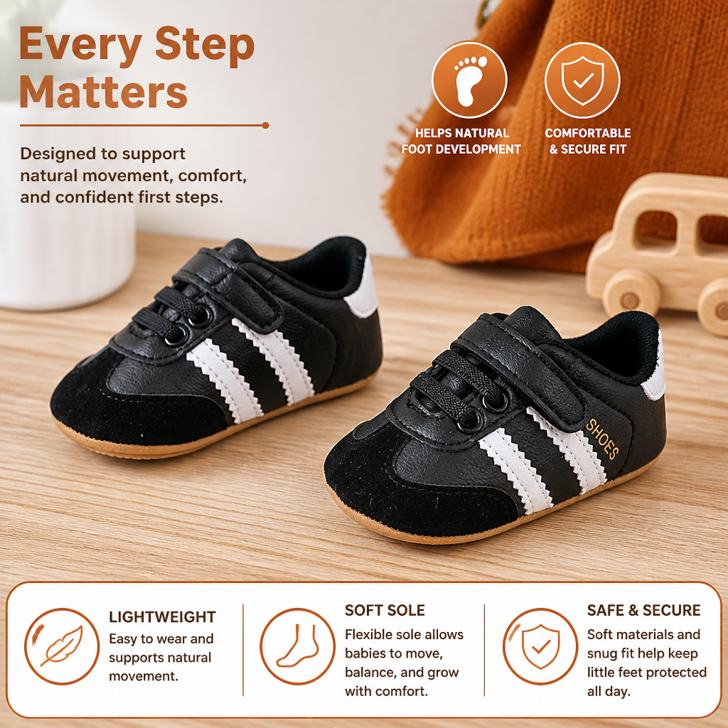 Baby Sneakers with Hook and Loop Closure and Soft Flexible Sole, Retro Stripe Design