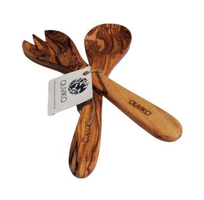 Handmade 9.5 inch olive wood utensils salad servers with natural grain and OLIVIKO branding