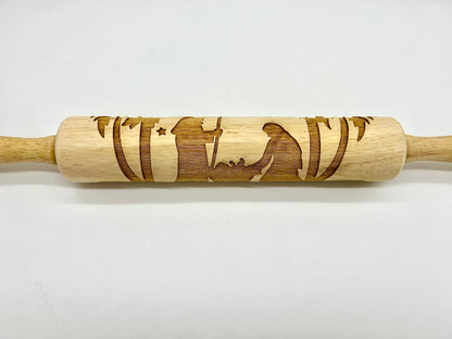 Nativity Scene Embossed Rolling Pin for Imprinting Cookies, Fondant, Salt Dough Ornaments and Pottery