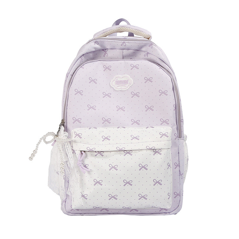 Bow Print Backpack with Multiple Compartments and Padded Straps