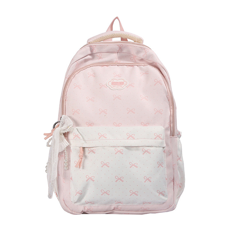 Bow Print Backpack with Multiple Compartments and Padded Straps