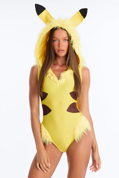 Yellow Hooded Bodysuit Costume Set with Lightning Bolt Tail and Furry Boot Covers