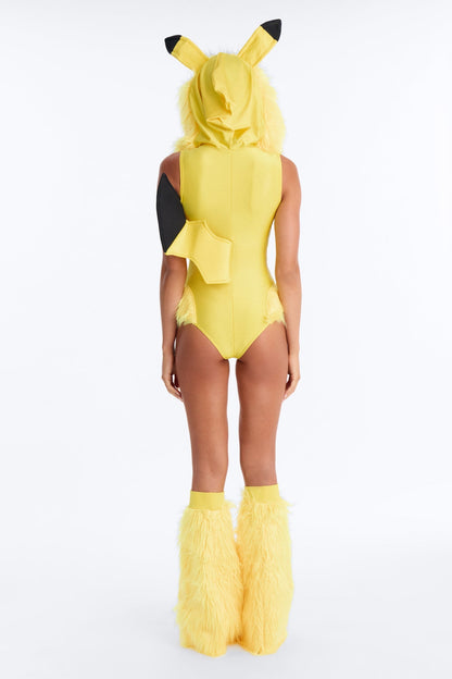 Yellow Hooded Bodysuit Costume Set with Lightning Bolt Tail and Furry Boot Covers
