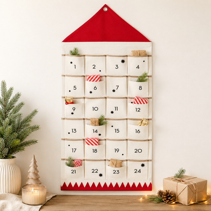 Fabric Advent Calendar with 24 Numbered Pockets and Wall Mounting, Black or Red