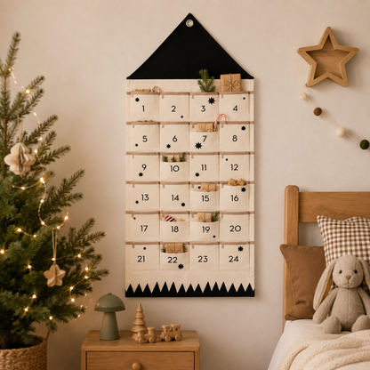 Fabric Advent Calendar with 24 Numbered Pockets and Wall Mounting, Black or Red