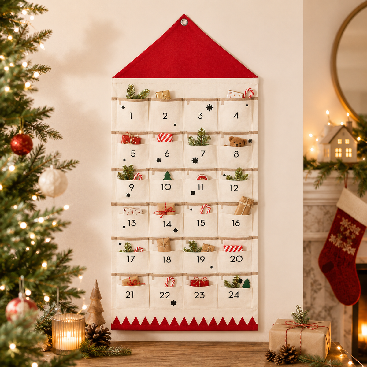 Fabric Advent Calendar with 24 Numbered Pockets and Wall Mounting, Black or Red