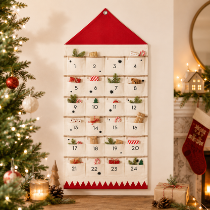 Fabric Advent Calendar with 24 Numbered Pockets and Wall Mounting, Black or Red