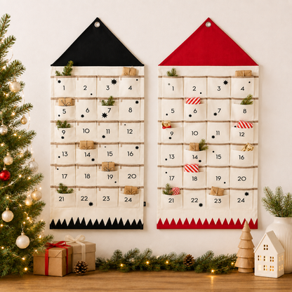 Fabric Advent Calendar with 24 Numbered Pockets and Wall Mounting, Black or Red