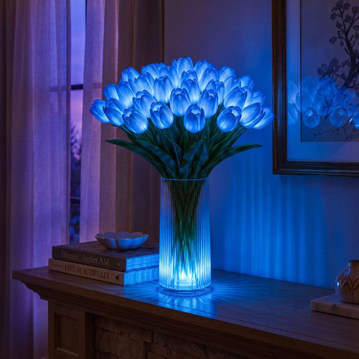 Light Up Tulip Bouquet with Ten Glowing Blooms Battery Powered in Yellow Blue Pink Or Red