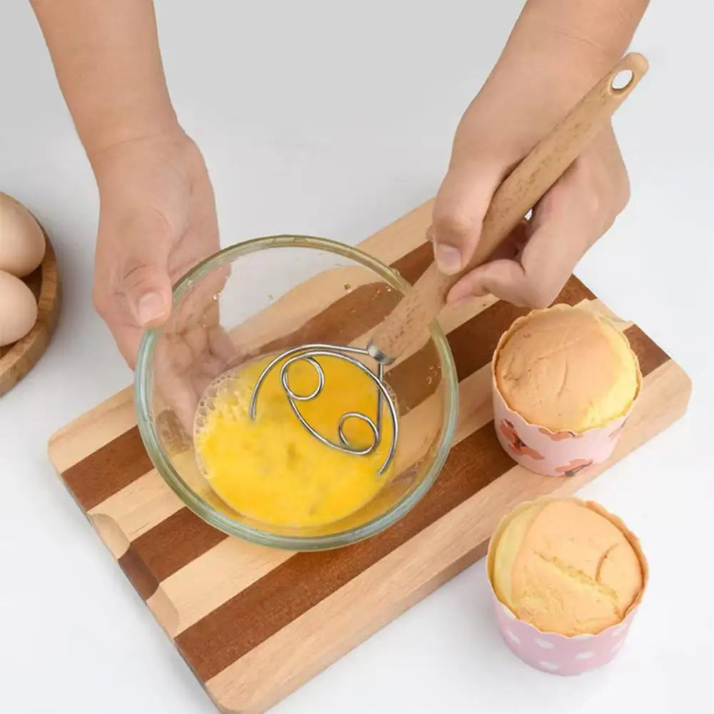 Dough Whisk with Open Coil and Beechwood Handle for Bread Mixing