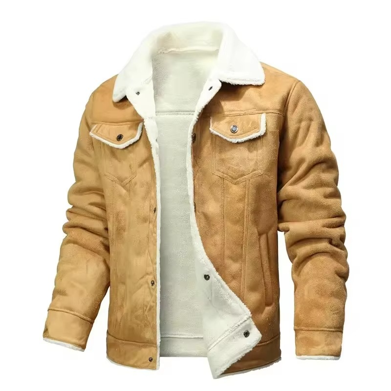 Mens Suede Finish Winter Coat with Thick Fleece Lining and Turn Down Collar