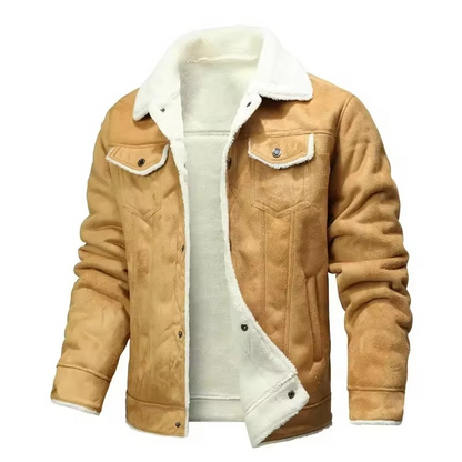 Mens Suede Finish Winter Coat with Thick Fleece Lining and Turn Down Collar