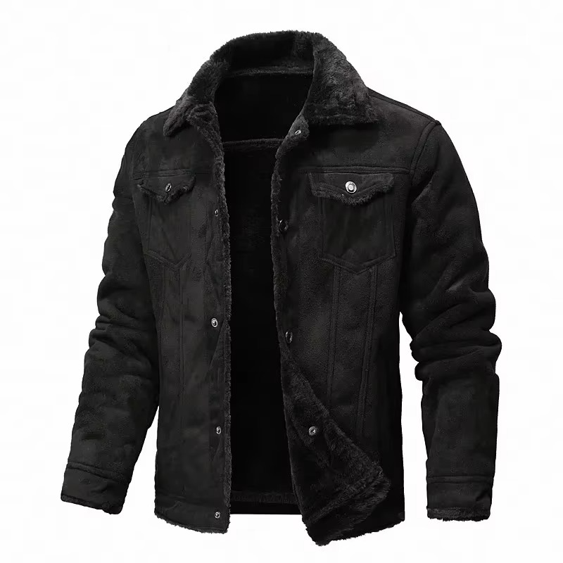 Mens Suede Finish Winter Coat with Thick Fleece Lining and Turn Down Collar