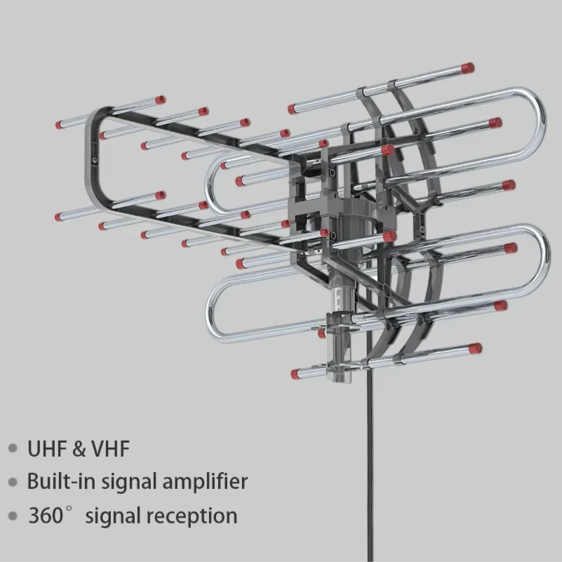Outdoor TV Antenna with 360 Degree Rotation and Dual Output Ports for VHF/UHF Reception